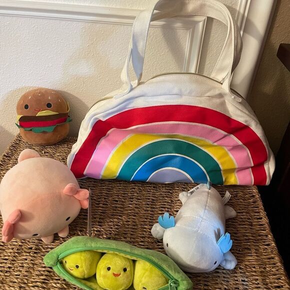 Rainbow Canvas Tote Bag AXOLOTL Plushies Squishmallow Hamburger Peas Set - Picture 9 of 16